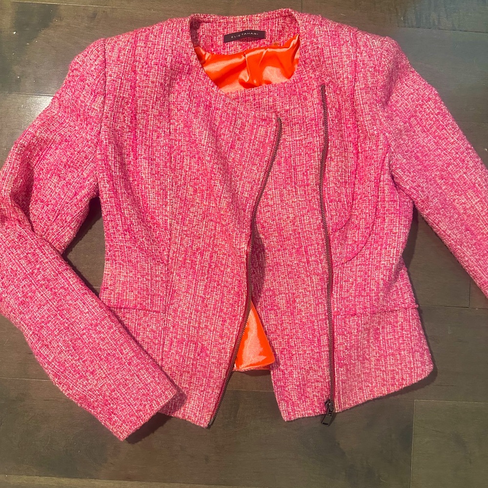 Elie Tahari Women's Pink Tweed Jacket with Peplum Detail